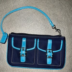 Coach Womens Wristlet Blue Flap Stitching Detachable Strap Zipper Clutch MICRO